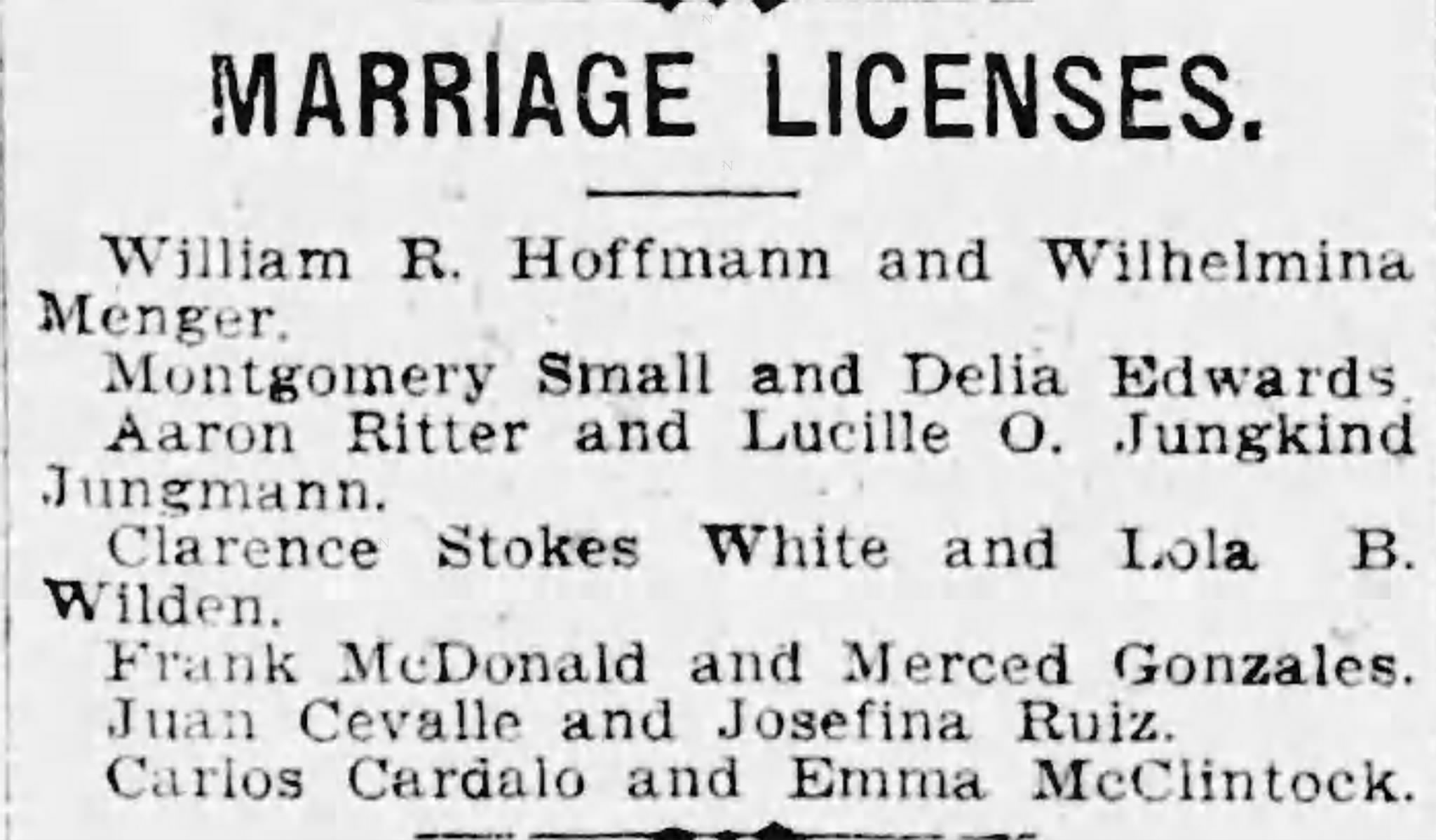 Marriage licenses — embedded newspaper JPEG from PDF export Newspaper column: Marriage licenses listing Hoffmann–Menger — San Antonio Light, 2 Jun 1909, p. 6