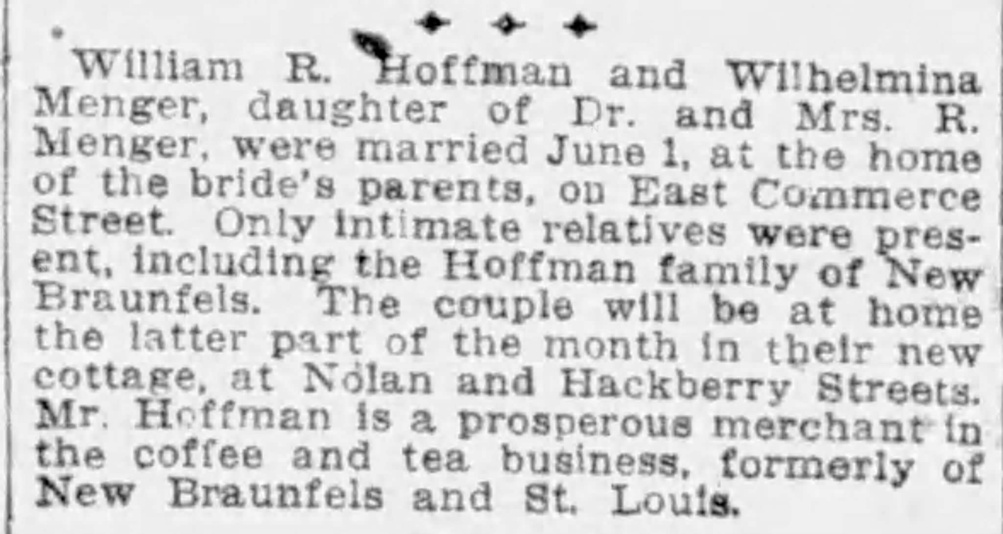 Hoffman–Menger marriage — embedded newspaper JPEG from PDF export Newspaper society item: Hoffman–Menger wedding, Commerce Street, Nolan and Hackberry cottage — San Antonio Express-News, 6 Jun 1909, p. 30