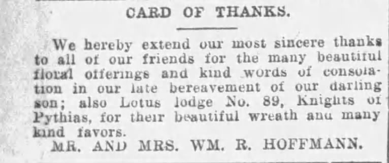 Card of thanks — Hoffmann — San Antonio Light, 20 Jan 1911 Card of thanks signed Mr. and Mrs. Wm. R. Hoffmann; San Antonio Light, 20 Jan 1911, page 18