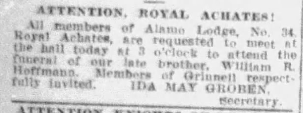 Newspaper notice: Alamo Lodge No. 34 Royal Achates funeral call for William R. Hoffmann — San Antonio Express-News, 11 Jan 1912, p. 14