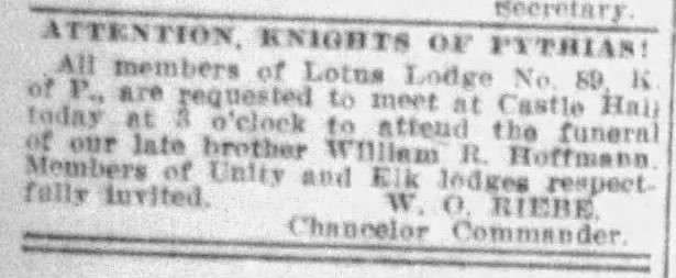 Attention Knights of Pythias — embedded newspaper JPEG from PDF export Newspaper notice: Lotus Lodge No. 89 K. of P. funeral call for William R. Hoffmann — San Antonio Express-News, 11 Jan 1912, p. 14