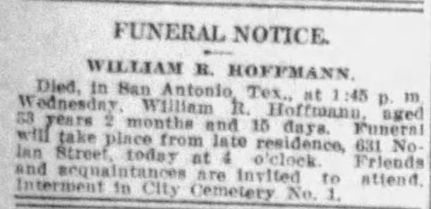 Funeral notice — embedded newspaper JPEG from PDF export Newspaper funeral notice: William R. Hoffmann — 631 Nolan Street, City Cemetery No. 1 — San Antonio Express-News, 11 Jan 1912, p. 14