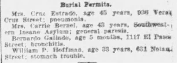 Burial permits — embedded newspaper JPEG from PDF export Newspaper column: Burial permits listing four decedents — San Antonio Express-News, 13 Jan 1912, p. 8