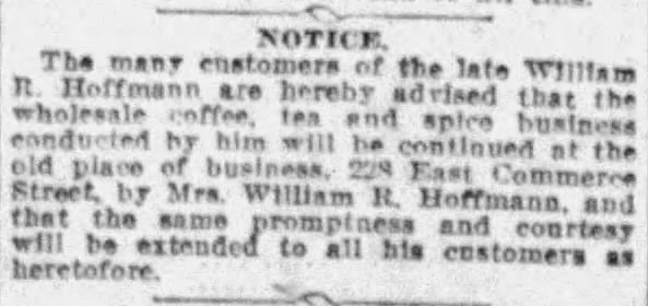 Notice — late William R. Hoffmann — embedded newspaper JPEG from PDF export Newspaper notice: business continuation after William R. Hoffmann’s death — Mrs. Hoffmann at 228 East Commerce — San Antonio Express-News, 16 Jan 1912, p. 16