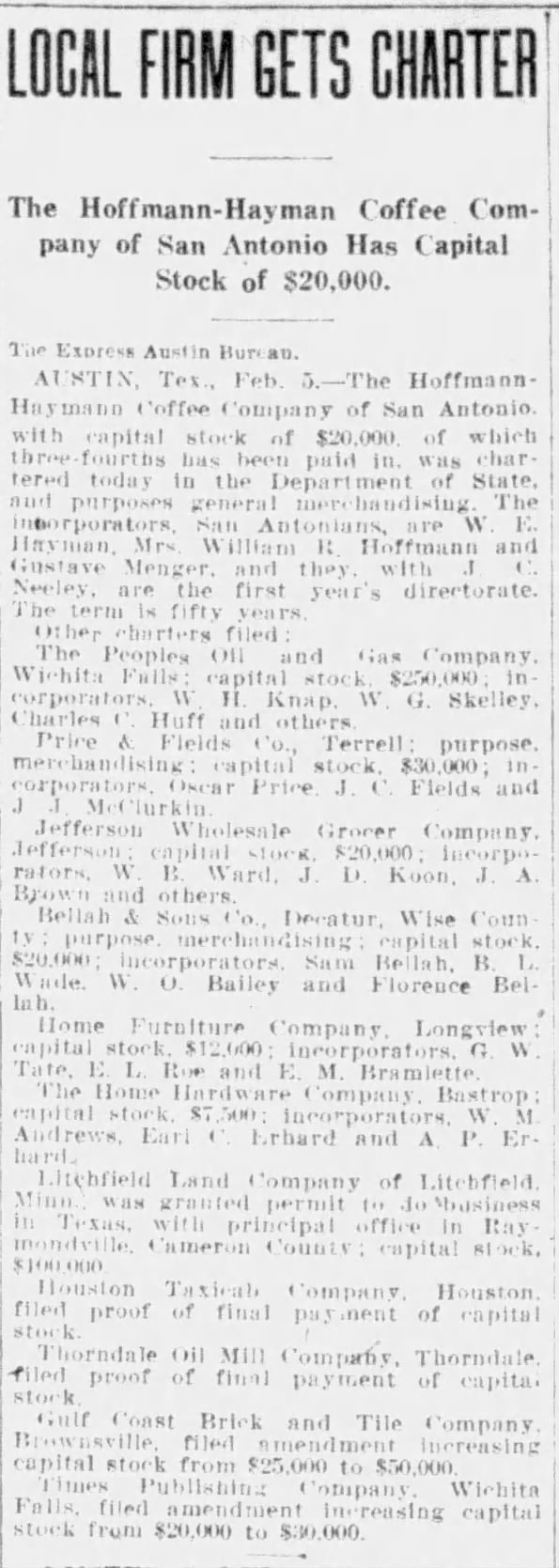 Newspaper clipping: “Local Firm Gets Charter” — Hoffmann-Hayman Coffee Company charter filed at Austin — San Antonio Express-News, 6 Feb 1912, p. 5