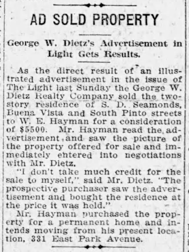 San Antonio Light, 6 Jul 1913 — Hayman home purchase “Ad sold property” — Dietz Realty credits illustrated Light ad; buyer W. E. Hayman — San Antonio Light, 6 Jul 1913, page 1