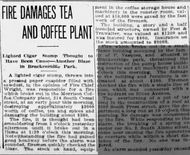 San Antonio Light clipping — fire at Morrison Coffee Co., 13 August 1913