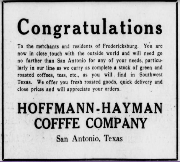 San Antonio Express boxed display: “Congratulations” to Fredericksburg merchants, Hoffmann-Hayman as San Antonio source for coffee and tea