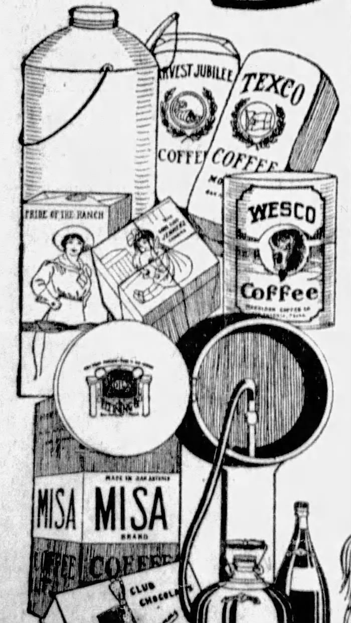 Wesco can among Morrison product ink drawings — Express-News, 13 Dec 1914, page 44 1914 Express-News clip — illustrated Wesco tin (longhorn mark) with Texco, Misa, and related Morrison packs in one Morrison Coffee display