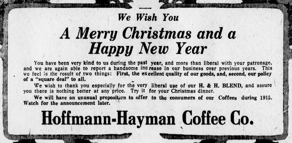 Holiday San Antonio Express display: decorative border, “A Merry Christmas and a Happy New Year,” H. & H. Blend thanks and 1915 teaser