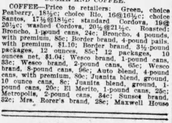 Sugar and coffee market block listing Juanita blend (ground) with Wesco and Broncho, 4 May 1915 Express-News