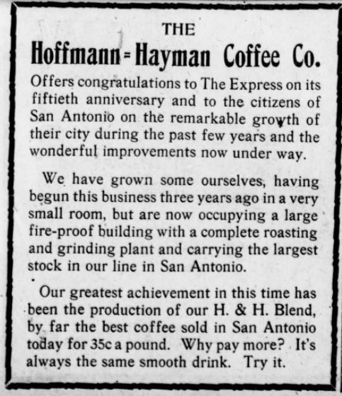 Hoffmann-Hayman boxed display: congratulations to The Express, fireproof plant, H. & H. Blend at 35¢