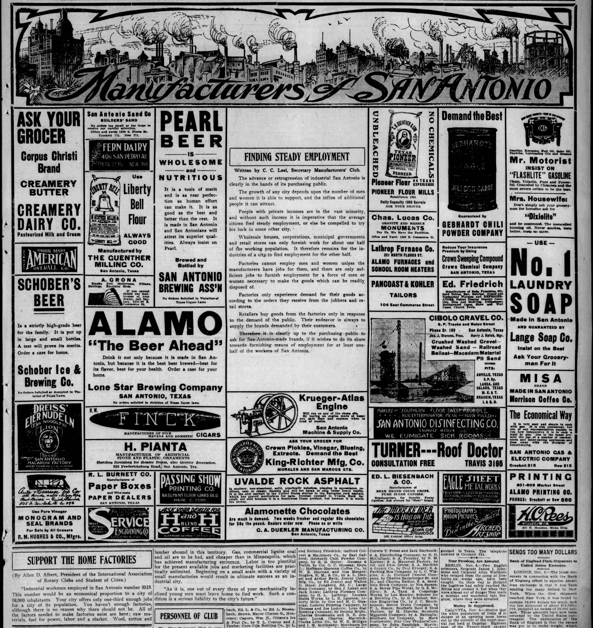 San Antonio Light, 7 Nov 1915 — Manufacturers of San Antonio Full-page “Manufacturers of SAN ANTONIO” grid — essays by Manufacturers’ Club; Hoffmann-Hayman H & H Coffee display — San Antonio Light, 7 Nov 1915, page 33