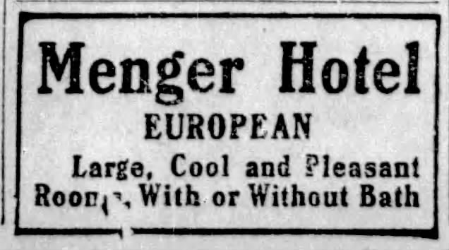 San Antonio Light, 13 November 1915 — Menger Hotel advertisement 1915 San Antonio Light — Menger Hotel European-plan rooms advertisement