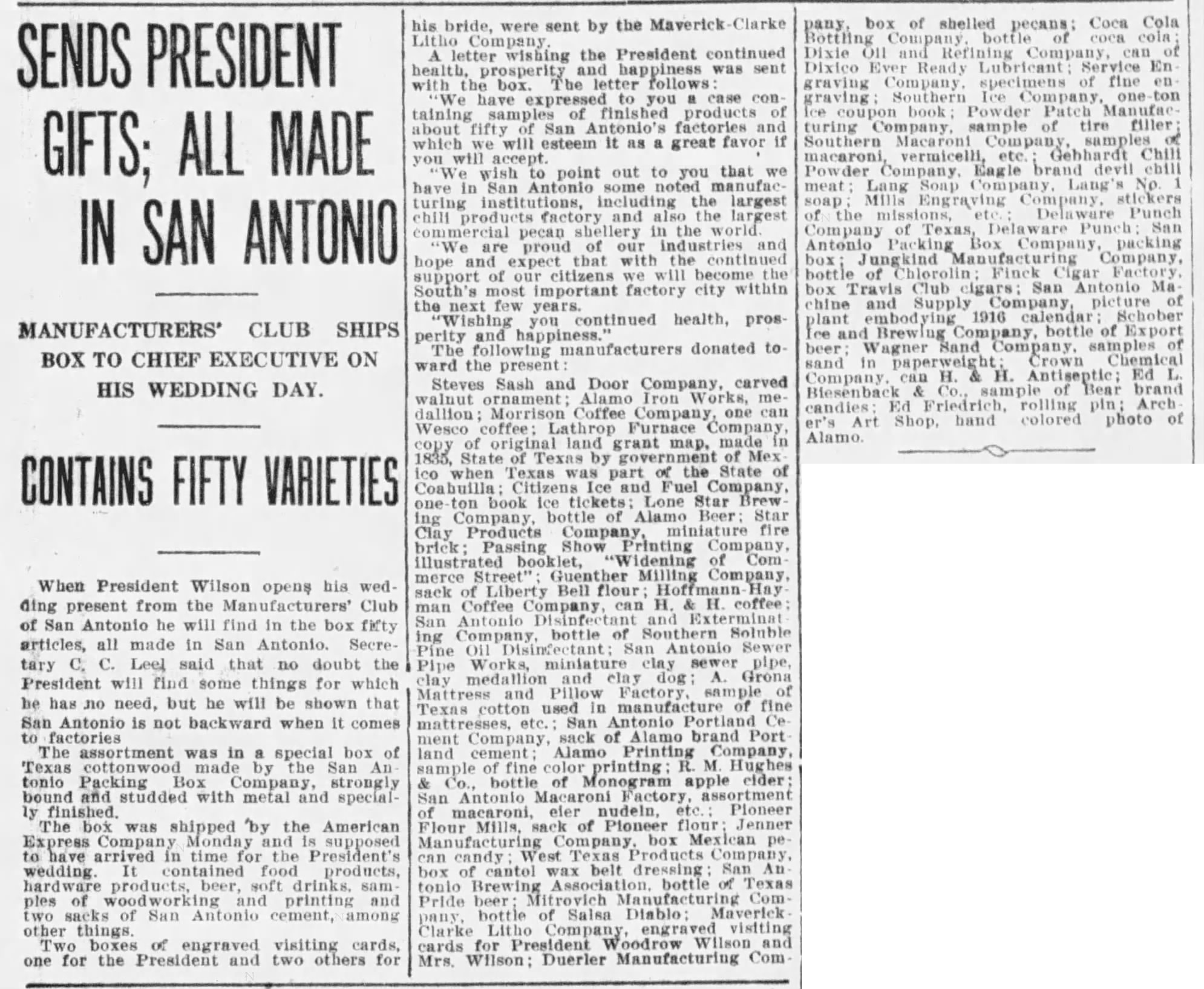 Wilson wedding gift article — Express-News, 19 Dec 1915, page 15 “Sends President gifts; all made in San Antonio” — Manufacturers’ Club article columns, 19 Dec 1915 Express-News