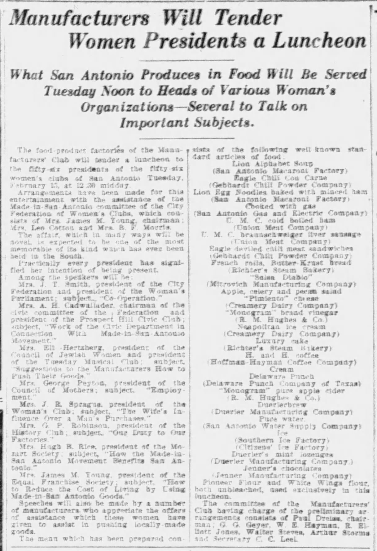 Express-News, 13 Feb 1916 — Manufacturers’ luncheon preview Manufacturers’ Club luncheon for women’s-club presidents — menu lists H. and H. coffee (Hoffmann-Hayman); W. E. Hayman on arrangements — Express-News, 13 Feb 1916, page 15
