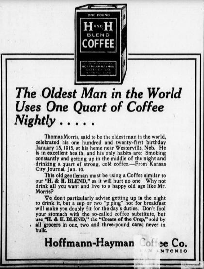 H. & H. Blend “oldest man” ad — 2 Mar 1916 One-pound tin art, headline on Thomas Morris, body pitching H. & H. as “Cream of the Crops”