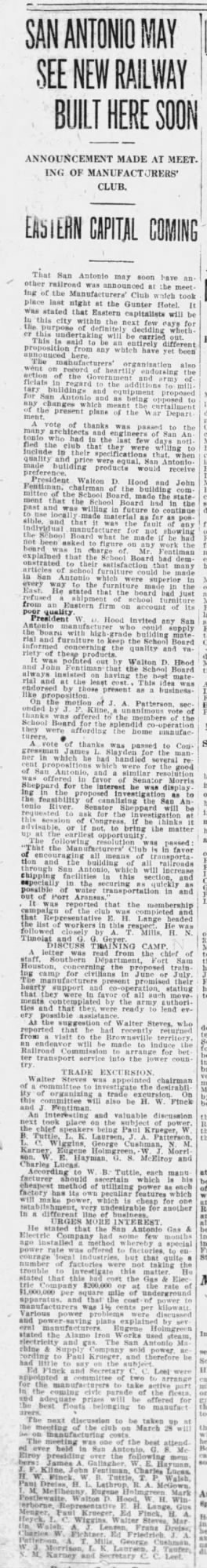 San Antonio Express-News, 15 March 1916 — Manufacturers' Club meeting 1916 Express-News — Manufacturers' Club at Gunter Hotel; W. E. Hayman among attendees