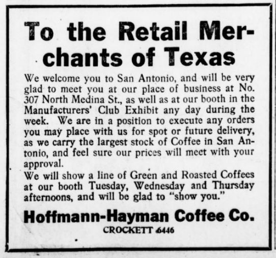Hoffmann-Hayman trade welcome — 13 Jun 1916 Hoffmann-Hayman welcome: North Medina address, Manufacturers’ Club exhibit, green and roasted line