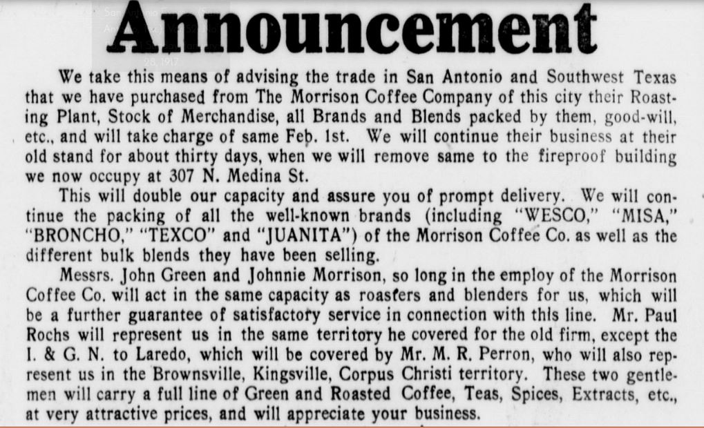 Morrison acquisition notice — 28 Jan 1917 (part 1) “Announcement”: purchase of Morrison roasting plant, brands Wesco through Juanita, move to 307 N. Medina