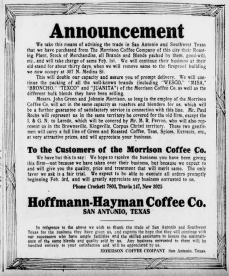Morrison + Hoffmann-Hayman full notice — 28 Jan 1917 Framed display: announcement plus “To the Customers of the Morrison Coffee Co.” and Morrison valedictory