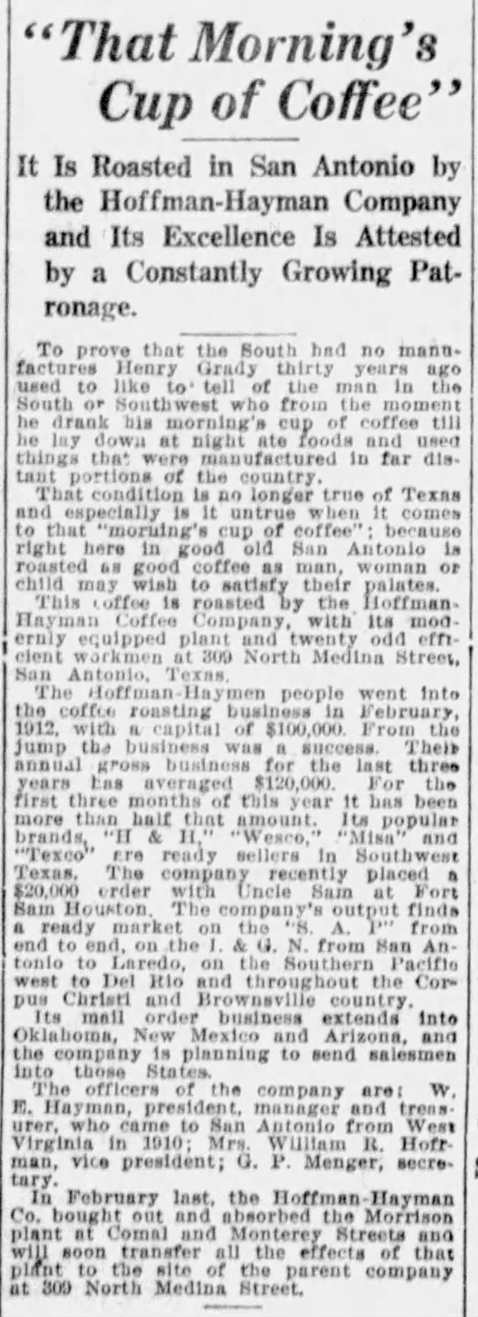Express-News, 29 Apr 1917 — morning coffee Sunday feature — local roasting, Morrison absorption, brands and officers — Express-News, 29 Apr 1917, page 24