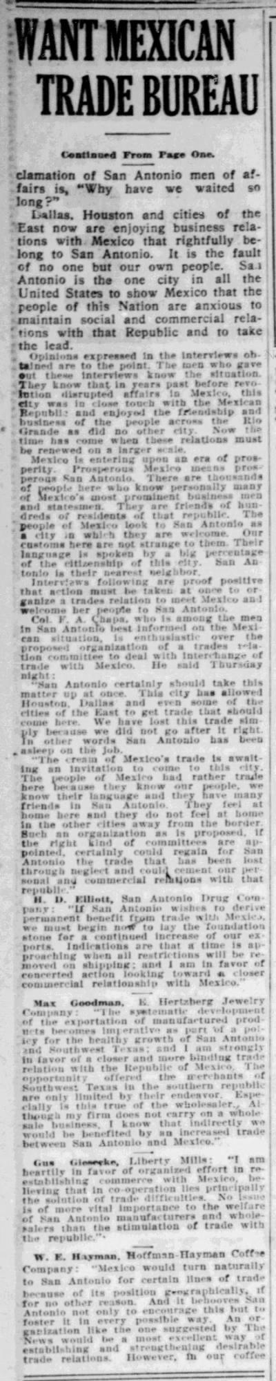 The News, 3 Jan 1919 — Mexican trade bureau “Want Mexican trade bureau” — continued column; Hoffmann-Hayman officer on San Antonio–Mexico trade — The News, 3 Jan 1919, page 3