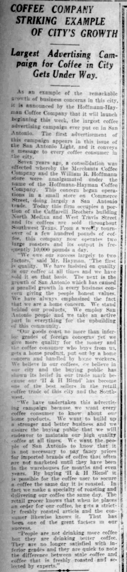 Coffee company striking example of city’s growth — San Antonio Light, 11 Nov 1919 News column — Hoffmann-Hayman advertising campaign; San Antonio Light, 11 Nov 1919, page 10