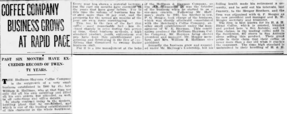 Express-News, 1 Aug 1920 — coffee company grows News column — Hoffmann-Hayman growth; H. & H. Blend; shoe company column alongside — Express-News, 1 Aug 1920, page 77