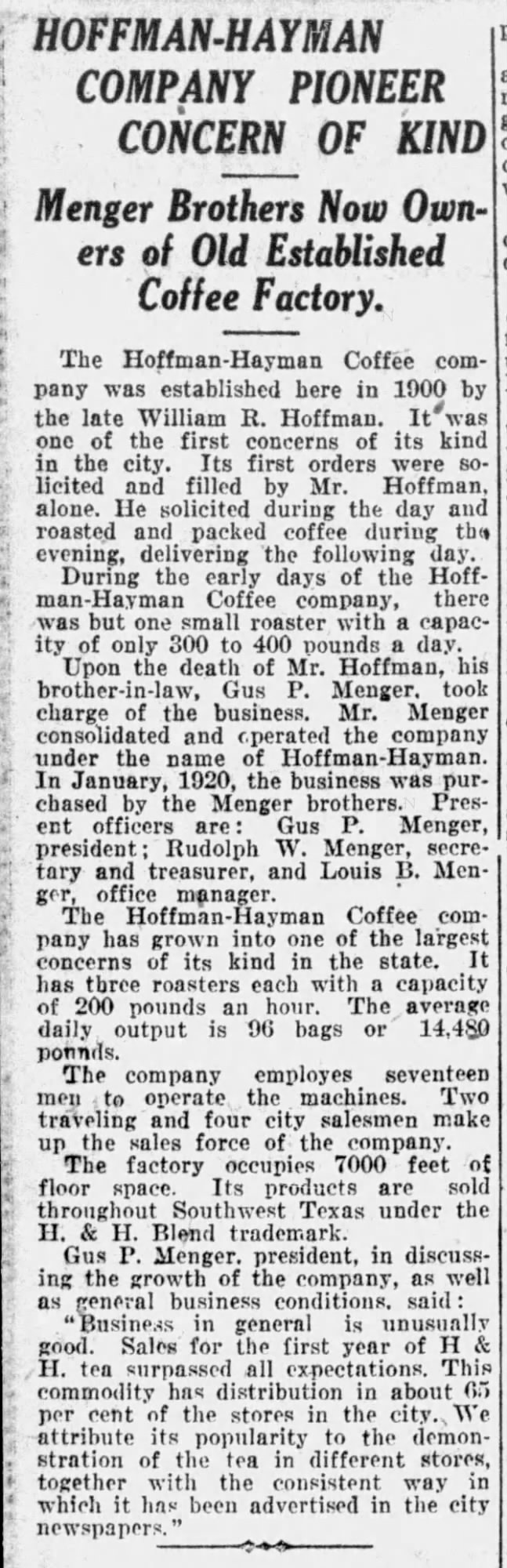 San Antonio Light — 14 Aug 1921, p. 41 San Antonio Light — Hoffmann-Hayman pioneer concern profile, 14 August 1921