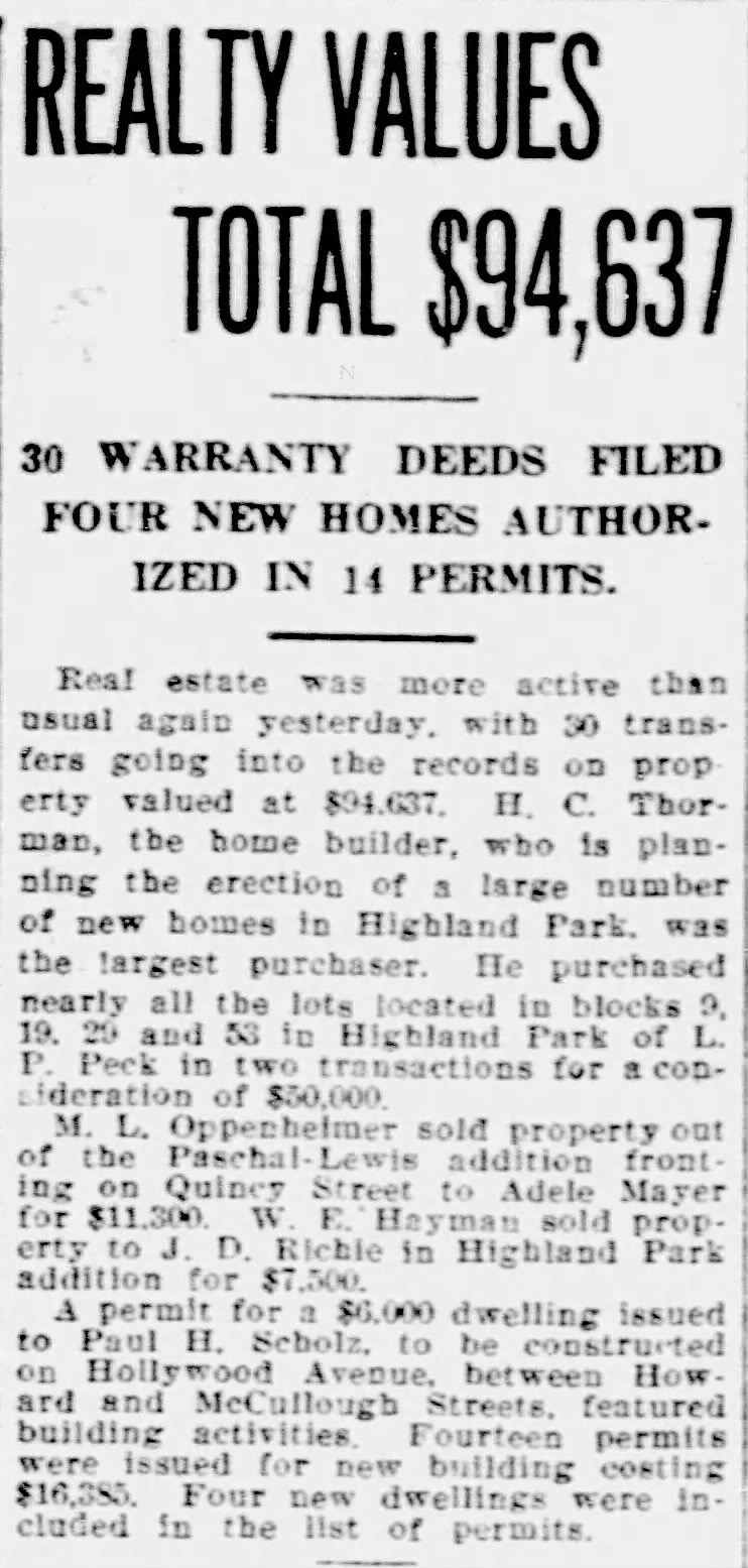San Antonio Express-News, 11 October 1922 — realty transfers 1922 Express-News realty column — W. E. Hayman sells property in Highland Park addition