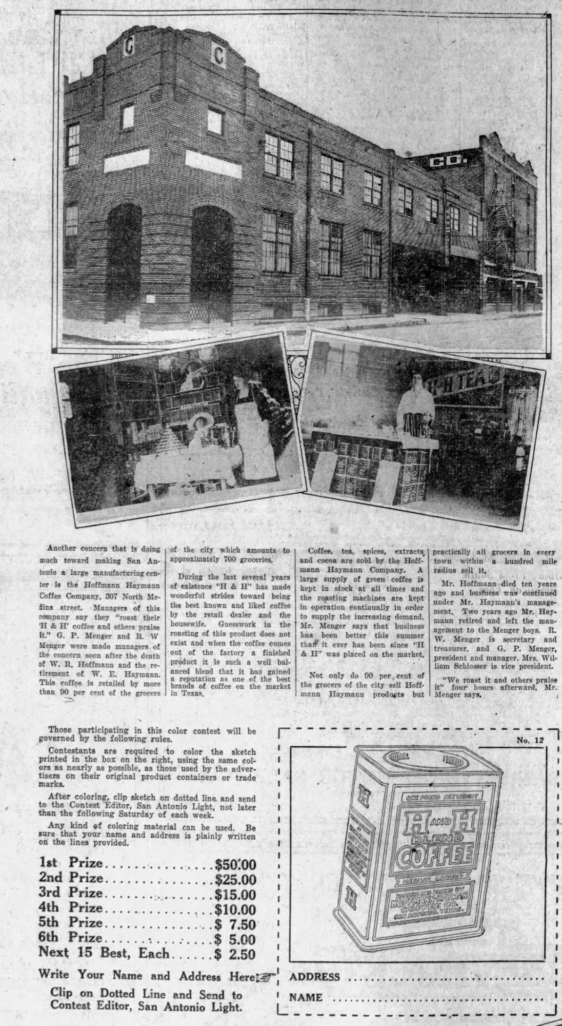 Little Journeys — Hoffmann-Hayman — San Antonio Light, 10 Dec 1922 “Little Journeys” feature — plant exterior, interior shots, and H and H contest tin line art; San Antonio Light, 10 Dec 1922, page 20