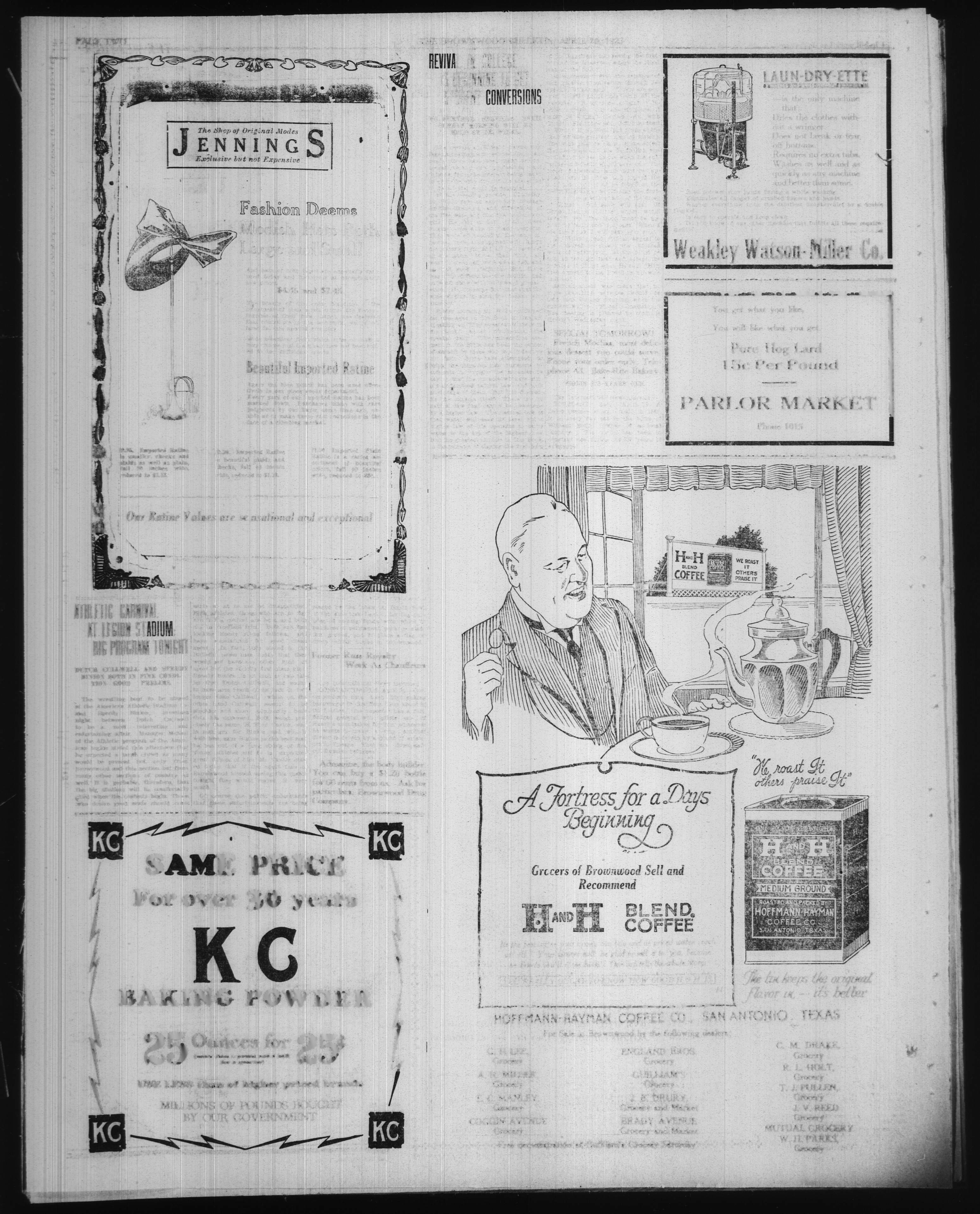 Brownwood Bulletin — 20 April 1923, page 2 Half-page H. & H. Blend Coffee dealer ad on page 2 of the Brownwood Bulletin, 20 April 1923 — illustration of a bald, mustached man enjoying a cup of coffee with an H+H Coffee can visible on the shelf behind him, alongside a tin illustration and a list of Brownwood-area grocers selling the brand