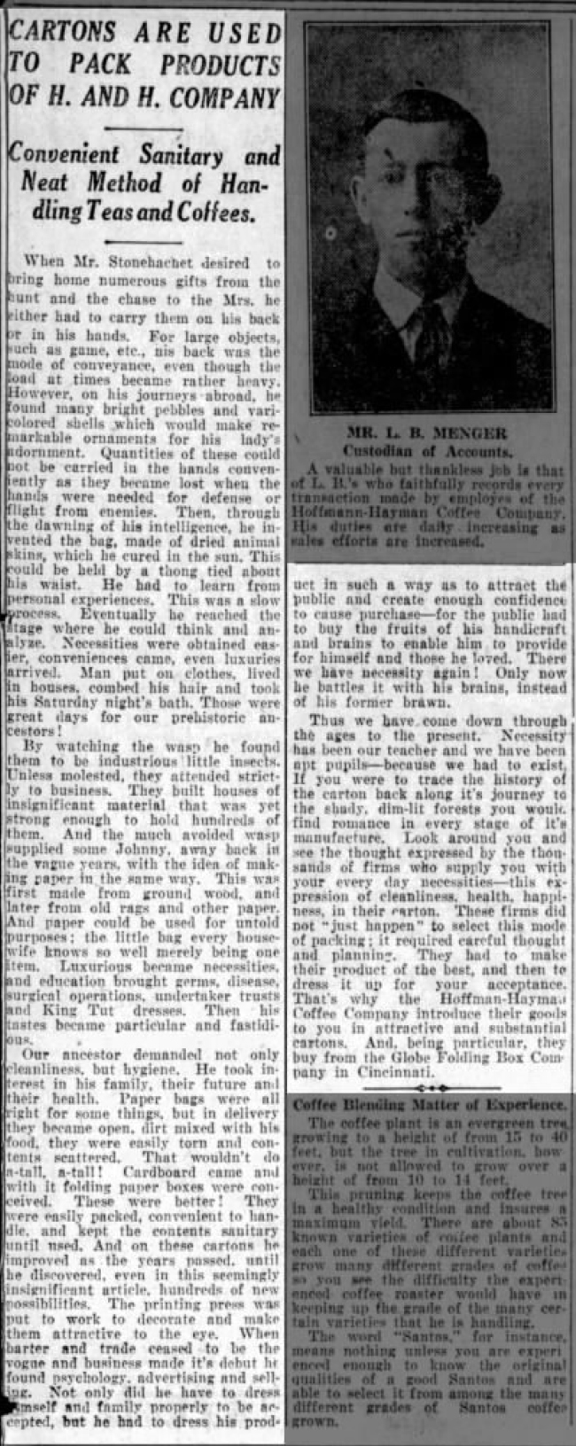 Article on cartons, teas, and coffees; portrait L. B. Menger; San Antonio Light, 26 Aug 1923, page 63