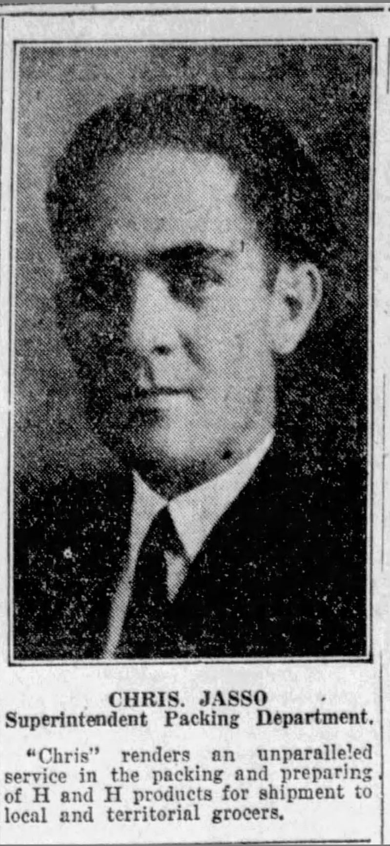 Chris Jasso, Superintendent Packing Department — San Antonio Light, 26 Aug 1923 Portrait and cutline — Chris Jasso, packing department; San Antonio Light, 26 Aug 1923, page 62