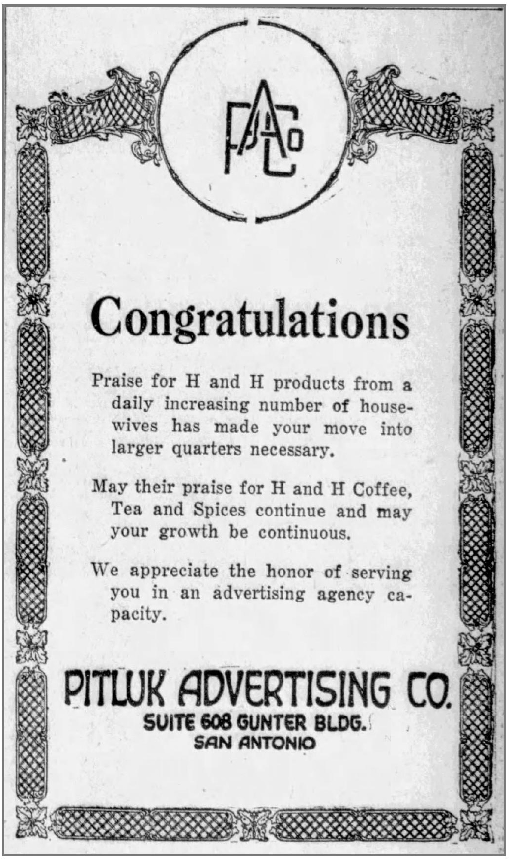 Congratulations — Pitluk Advertising and H and H — San Antonio Light, 26 Aug 1923 Display ad from Pitluk Advertising Co. to Hoffmann-Hayman; San Antonio Light, 26 Aug 1923, page 63