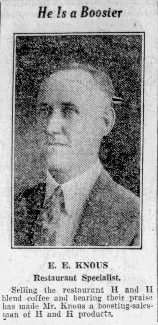 He is a booster — E. E. Knous — San Antonio Light, 26 Aug 1923 Portrait and cutline — E. E. Knous; San Antonio Light, 26 Aug 1923, page 64