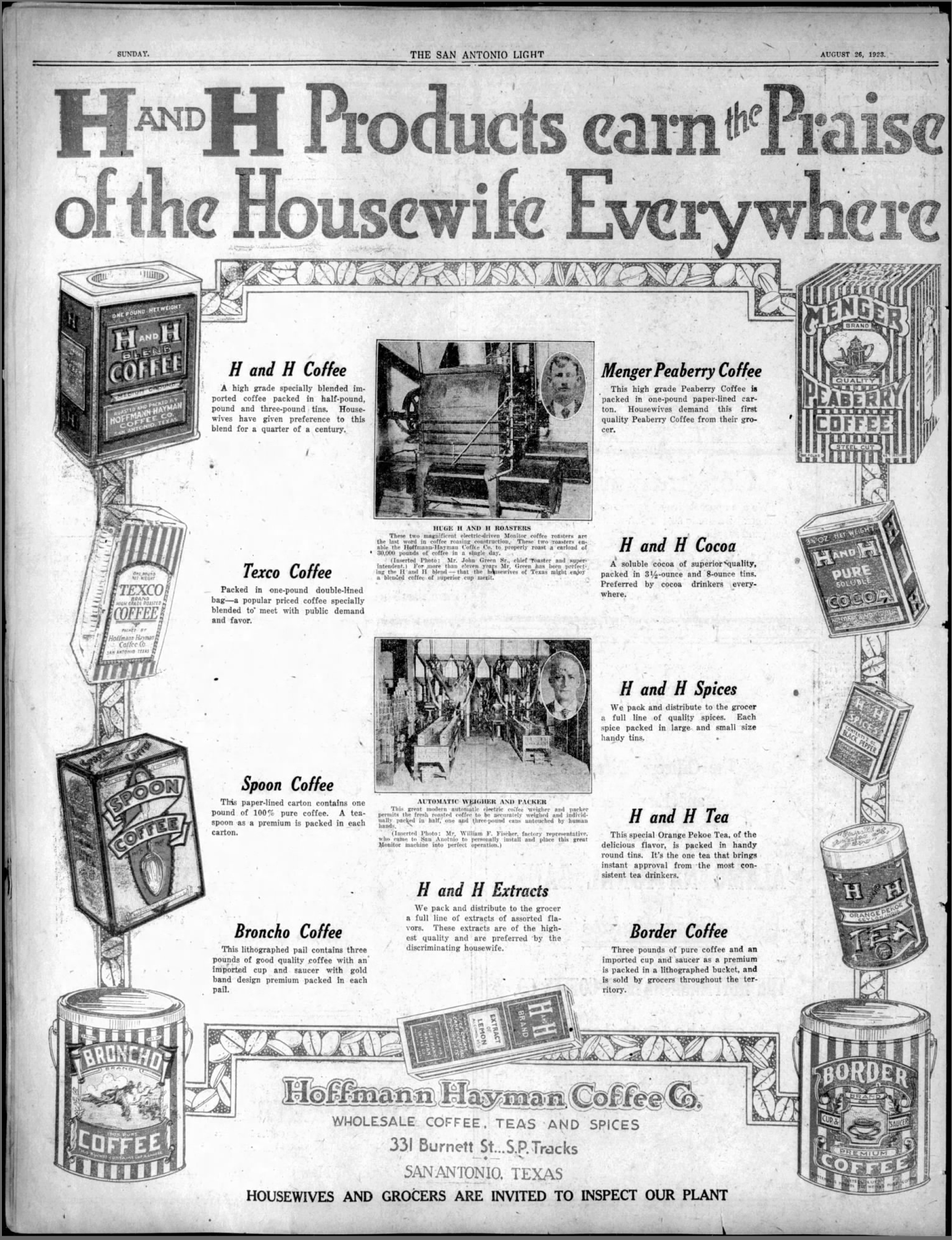 H and H products ad — San Antonio Light, 26 Aug 1923 Full display — H and H products, factory photos, and line list; San Antonio Light, 26 Aug 1923, page 66