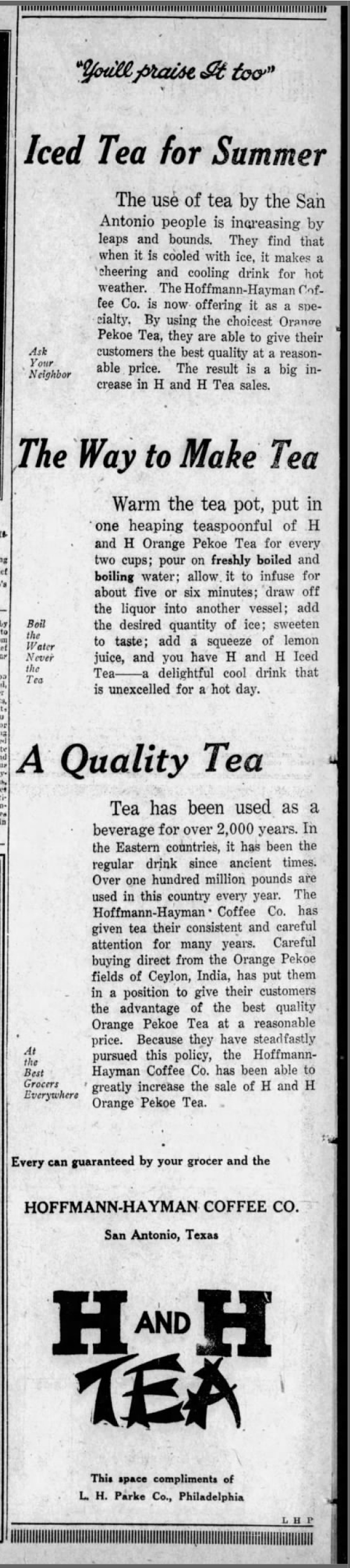 Iced tea for summer — San Antonio Light, 26 Aug 1923 Display ad — H and H Orange Pekoe tea for iced tea; San Antonio Light, 26 Aug 1923, page 60