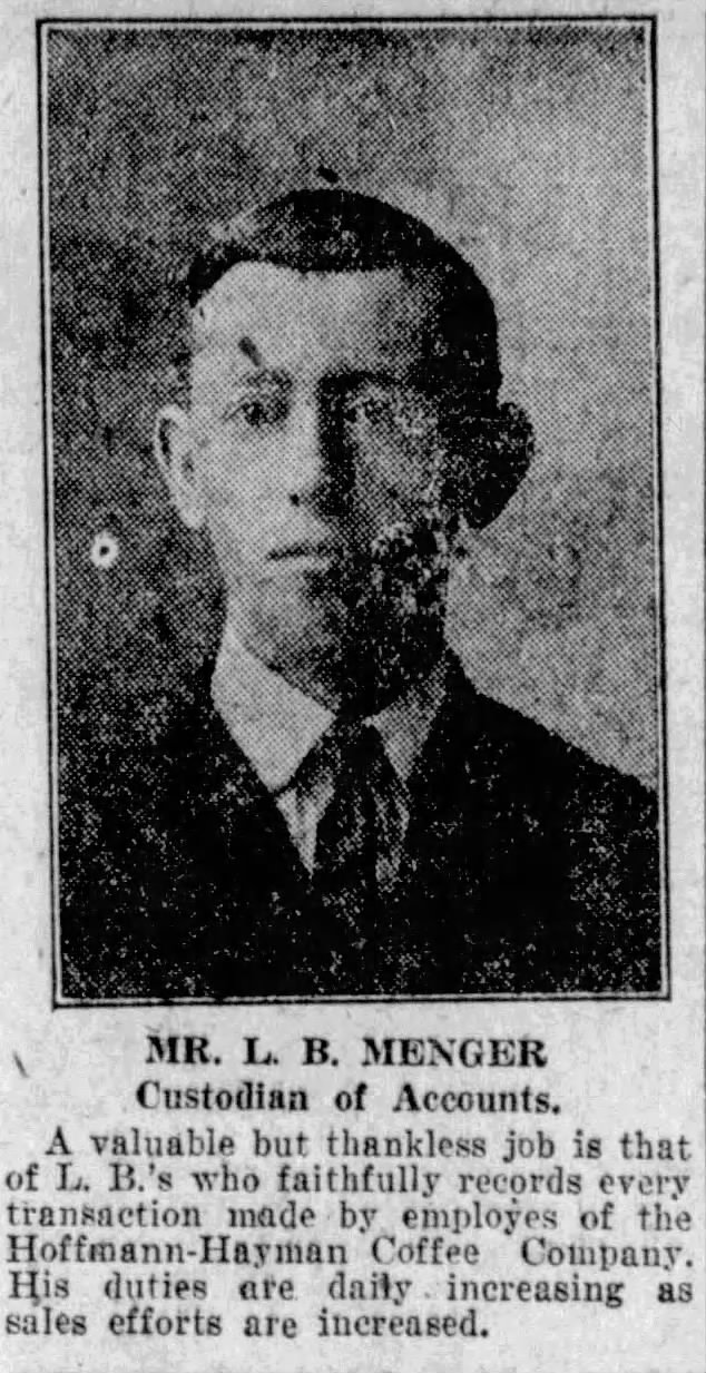 L. B. Menger — San Antonio Light, 26 Aug 1923 Portrait and bio — L. B. Menger, custodian of accounts; San Antonio Light, 26 Aug 1923, page 63