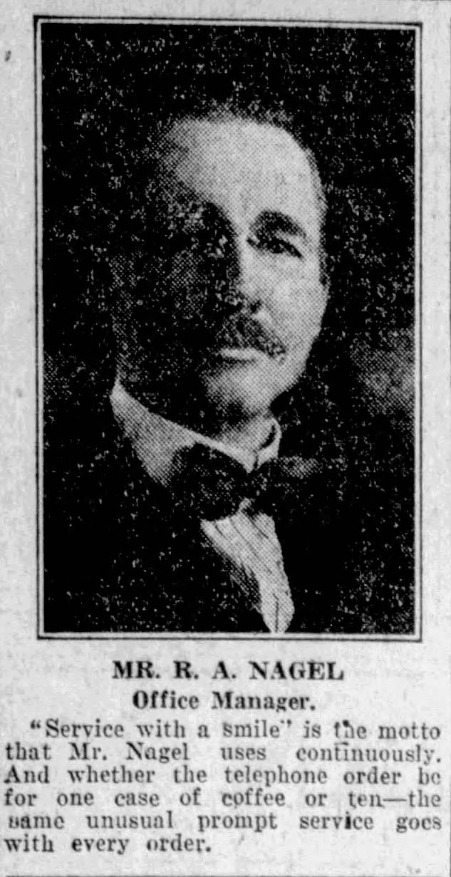 R. A. Nagel, office manager — San Antonio Light, 26 Aug 1923, page 63 Portrait and office blurb for R. A. Nagel; San Antonio Light, 26 Aug 1923, page 63