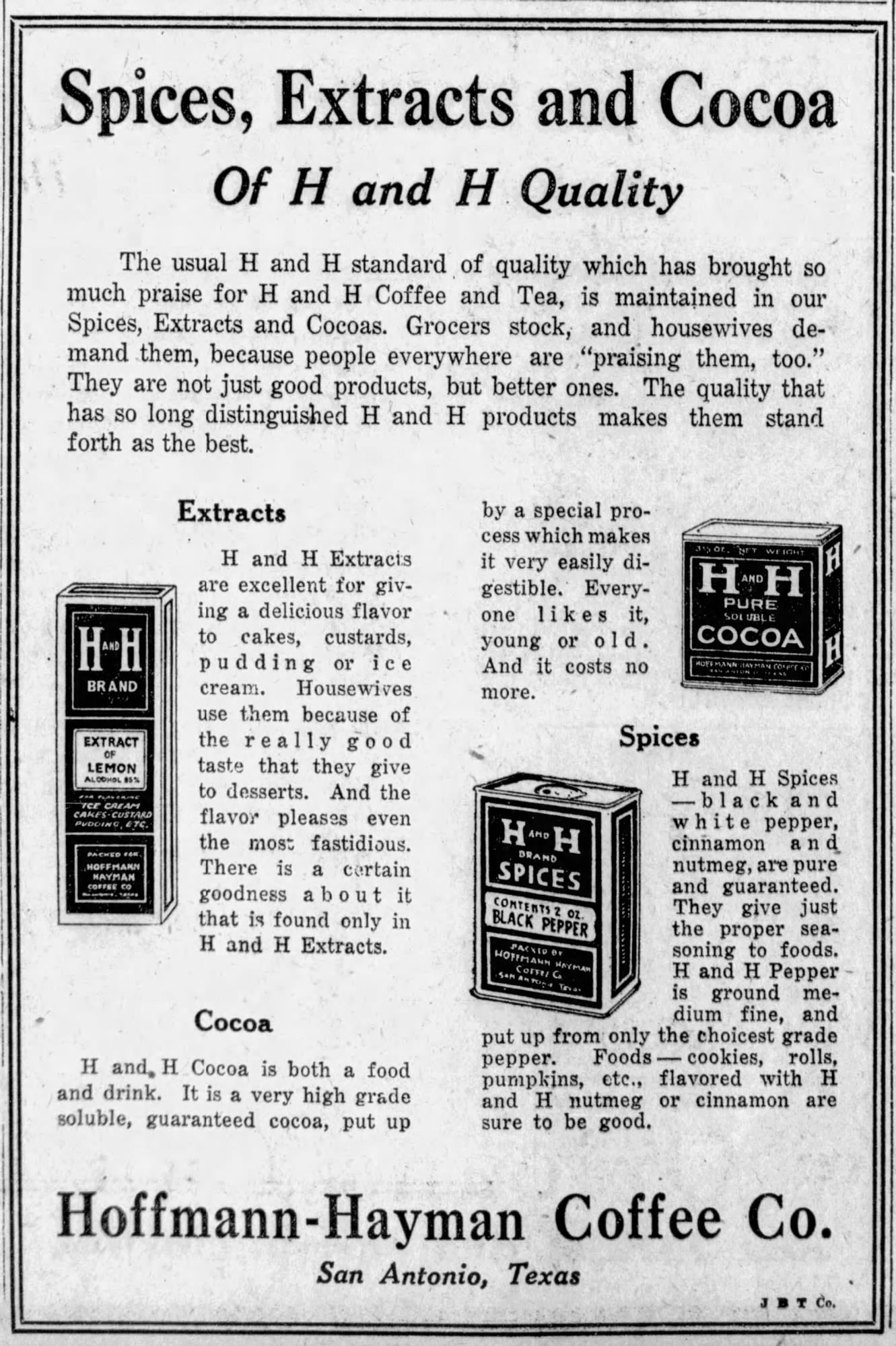 Spices, extracts, and cocoa (alt export) — San Antonio Light, 26 Aug 1923 Same 26 Aug 1923 page-60 H and H spices, extracts, and cocoa display (raster matches primary; PDF bytes differ)