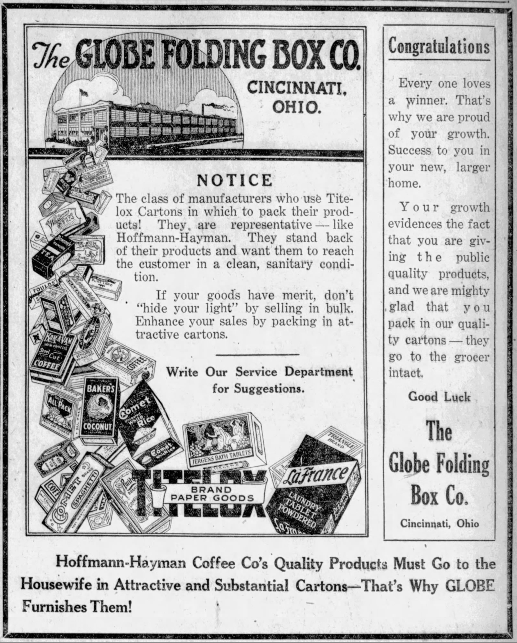 Globe Folding Box Co. ad — San Antonio Light, 26 Aug 1923 B2B ad: Globe cartons, Titelox, pile of product boxes; San Antonio Light, 26 Aug 1923, page 65