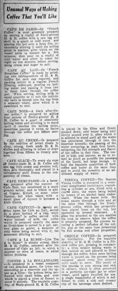 Unusual ways of making coffee — San Antonio Light, 26 Aug 1923 Jasso portrait; column of coffee "recipes"; outdoor ad letter; San Antonio Light, 26 Aug 1923, page 62