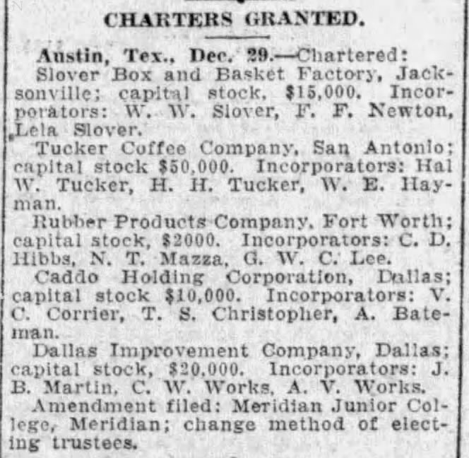 San Antonio Light, 29 Dec 1923 — Tucker Coffee charter State charters digest — Tucker Coffee Company, San Antonio; incorporators include W. E. Hayman — San Antonio Light, 29 Dec 1923, page 9