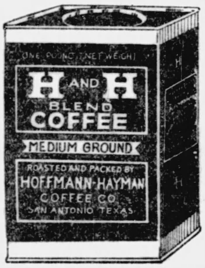 H and H Blend Coffee — San Antonio Express-News, 22 Apr 1924 One-pound H and H Blend Coffee package; San Antonio Express-News, 22 Apr 1924, page 13