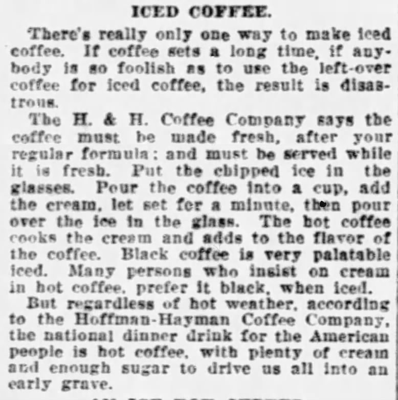 Iced Coffee — San Antonio Express-News, 22 Apr 1924 Household column — Iced Coffee; San Antonio Express-News, 22 Apr 1924, page 13