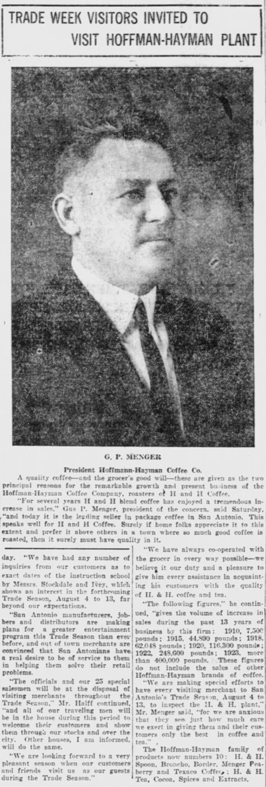 Trade week — visit Hoffmann–Hayman — Express-News, 27 Jul 1924 Head: Trade week visitors; G. P. Menger portrait; sales tonnage; Express-News, 27 Jul 1924, page 85