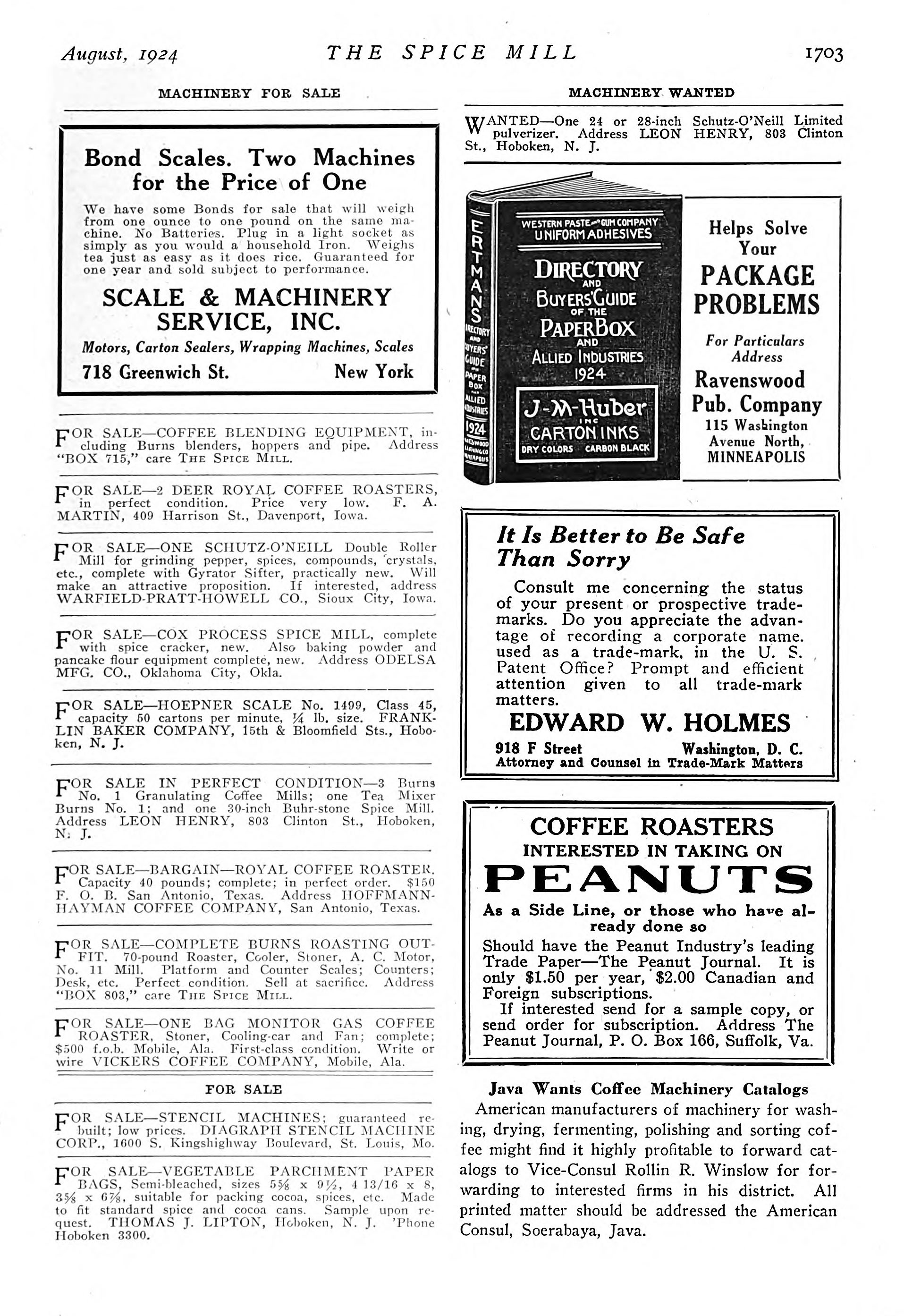 Royal Coffee Roaster for sale — The Spice Mill, August 1924
