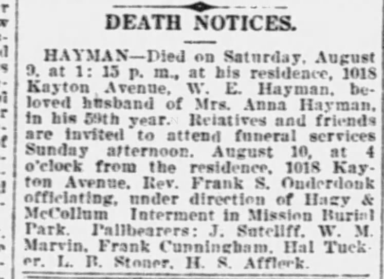 Boxed "DEATH NOTICES." column running the HAYMAN notice — died Saturday August 9 at 1:15 p.m. at 1018 Kayton Avenue, in his 59th year; funeral August 10 at the residence under Rev. Frank S. Onderdonk; interment Mission Burial Park — San Antonio Express-News, 10 Aug 1924, p. 30